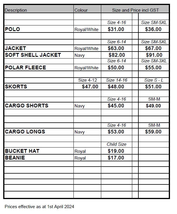 price list
